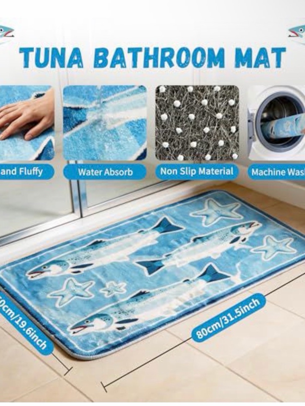 Blue Fish Pattern Mat - Plush Tuna Themed Rug - Picture 2 of 4